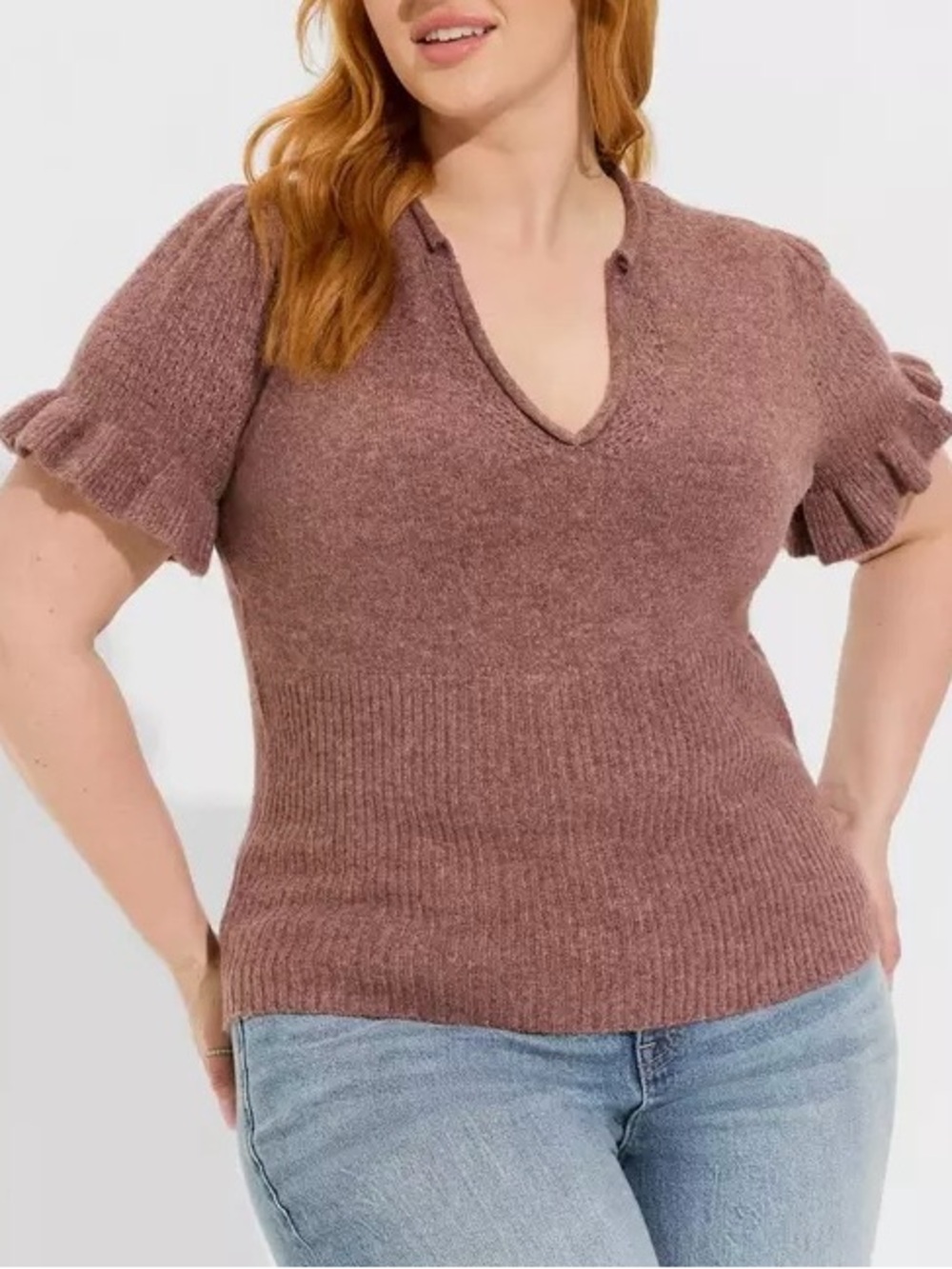 Torrid Vegan Cashmere Pullover V-Neck Ruffle Elbow Sleeve Sweater Taupe Rose 4X